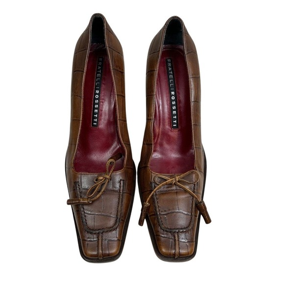Fratelli Rossetti Pump Heel Brown Leather‎ Embossed Square Toe Women Sz EUR 38.5 - Picture 6 of 16